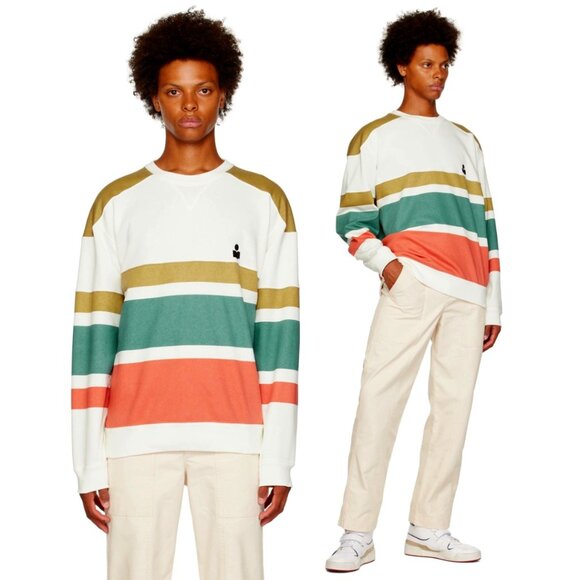 NWT Isabel Marant Meyoan Pullover Sweatshirt Crewneck Striped In Khaki Sz Medium - Picture 2 of 8